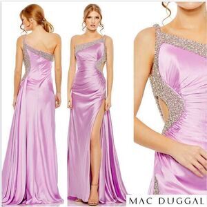 Mac Duggal 68447 Ruched One Shoulder Side Cutout Embellished Satin Gown Lilac 12